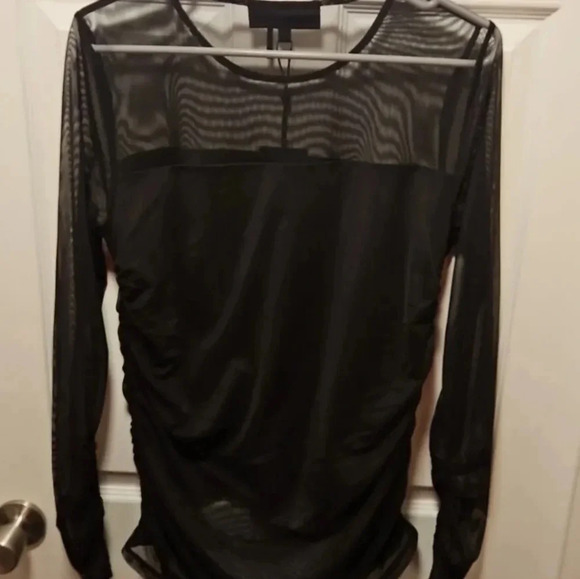 DKNY Mesh Sheer Top Gathered  Long Sleeve Lined Ruched Black size L - Picture 3 of 9